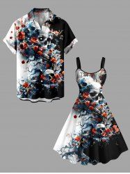 Skulls Rose Flower Print Plus Size Matching Hawaii Beach Outfit For Couples -  