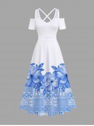 Robe longue hawaïenne grande taille à imprimé feuilles et fleurs tropicales, épaules dénudées et croisées - Blanc XXS
