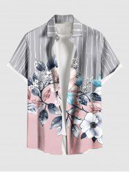 Plus Size Flowers Leaf Stripes Print Buttons Pocket Hawaii Shirt For Men -  