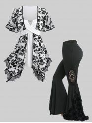 Flowers Embroidery Tassel Lace Trim Top and Skull Flocking Appliques Flare Pants Plus Size Outfit -  