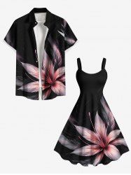 Tenue de plage hawaïenne assortie grande taille à imprimé tropical et fleurs d'hibiscus pour couples - Noir 