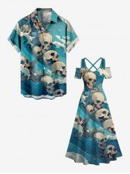 Tenue de plage hawaïenne assortie grande taille à imprimé tête de mort et vagues pour couples - Vert 