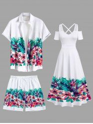 Tenue de plage hawaïenne assortie grande taille à imprimé feuilles tropicales et fleurs pour couples - Blanc 