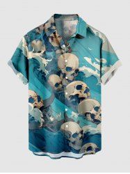 Plus Size Skulls Sea Waves Print Buttons Pocket Hawaii Shirt For Men -  