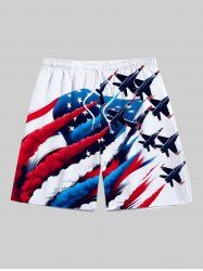 Plus Size Patriotic American Flag Plane Print Drawstring Pocket Beach Shorts For Men -  