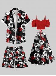 Two Tone Tropical Leaf Hibiscus Flower Print Plus Size Matching Hawaii Beach Outfit For Couples -  