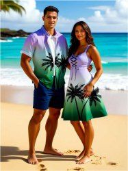 Tenue de plage hawaïenne assortie grande taille à imprimé ombré et teinture par immersion, motif cocotier, pour couple - Multi-A 