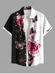 Plus Size Rose Flower Butterfly Curve Pin Dot Print Hawaii Button Pocket Shirt For Men -  