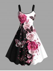 Plus Size Rose Flower Butterfly Curve Pin Dot Print Hawaii A Line Tank Dress -  