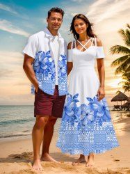 Foulard imprimé feuilles et fleurs tropicales, grande taille, tenue de plage hawaïenne assortie pour couples - Blanc 