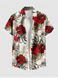 Plus Size Tropical Leaves Hibiscus Floral Print Hawaii Button Pocket Shirt For Men -  