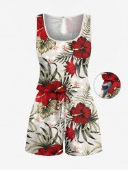 Plus Size Tropical Leaf Hibiscus Flower Print Hawaii Drawstring Pocket Romper -  