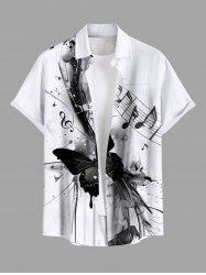 Plus Size Ink Painting Butterfly Music Symbol Print Button Pocket Shirt For Men -  