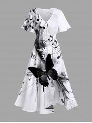 Robe mi-longue trapèze grande taille à imprimé papillon et symbole musical avec poches fendues - Blanc 1X