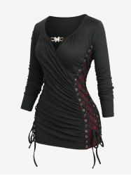 Plus Size Skull Fishnet Lace Up Side Ruched Surplice Butterfly Buckle Long Sleeve Top -  