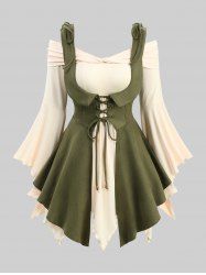 Plus Size Off The Shoulder Flare Sleeves Ruffles Top With Lace Up Grommets Vest -  