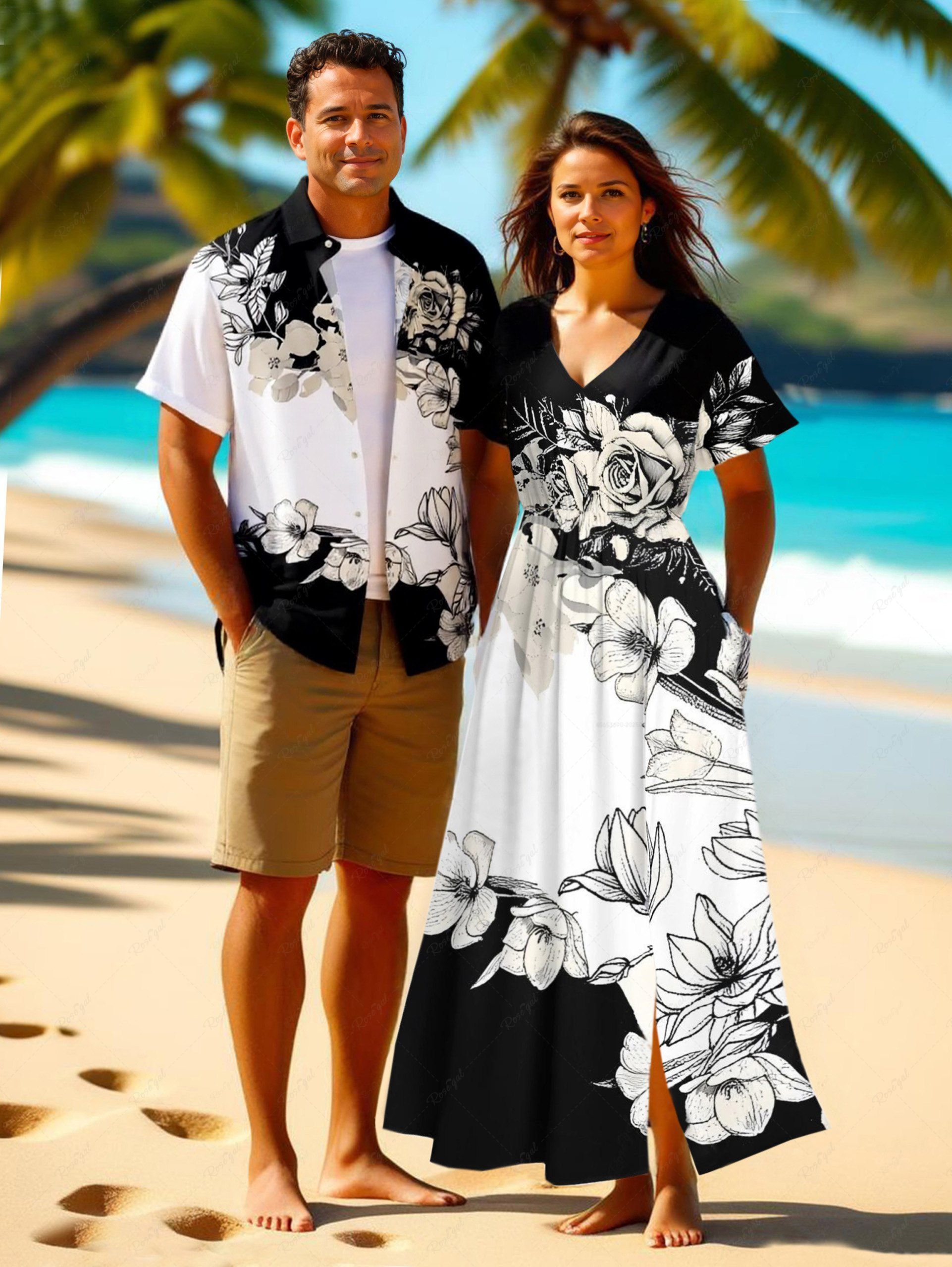 Latest Flower Branch Print Plus Size Matching Hawaii Beach Outfit For Couples  
