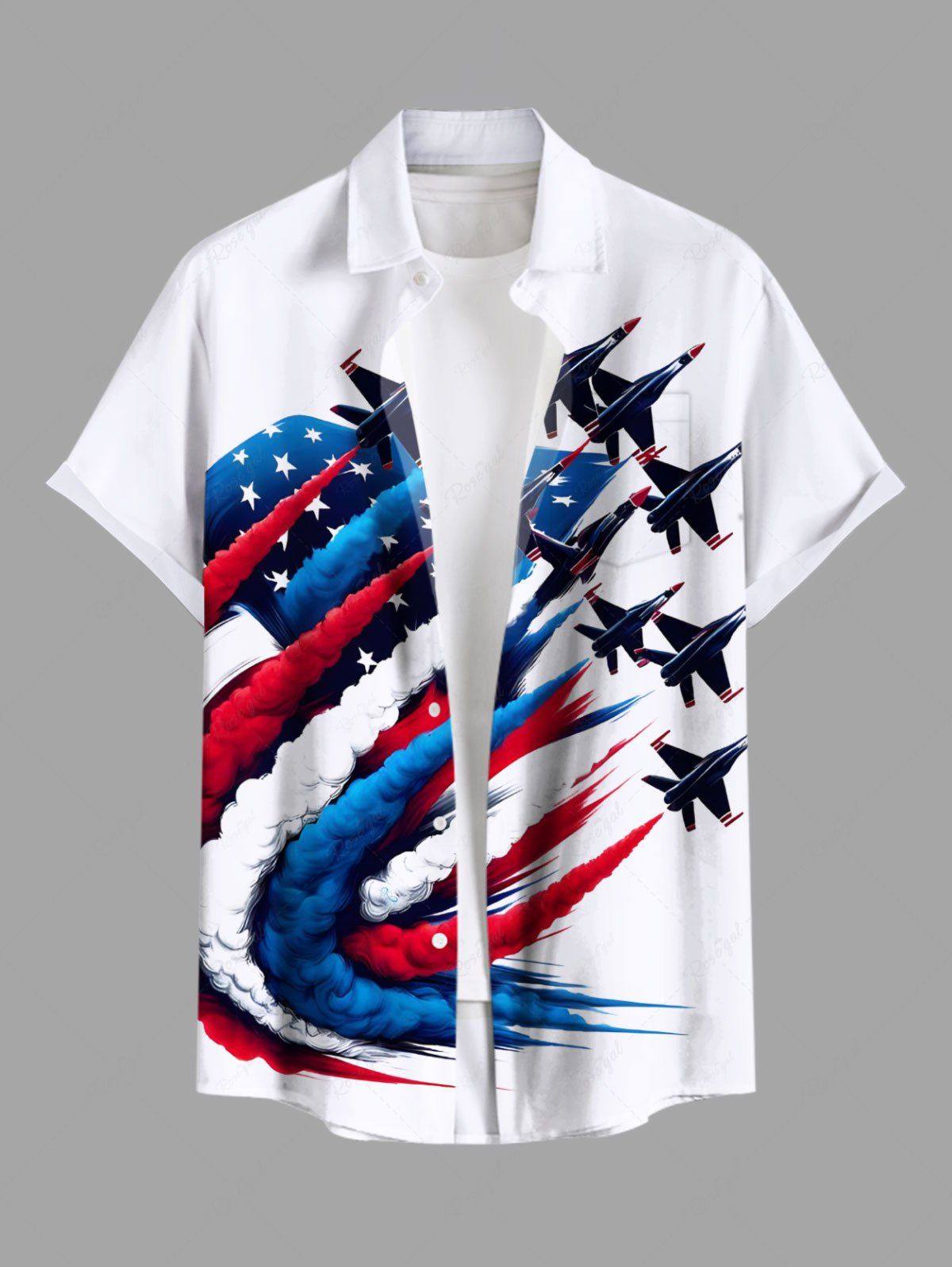 Unique Plus Size Patriotic American Flag Plane Print Button Pocket Shirt For Men  