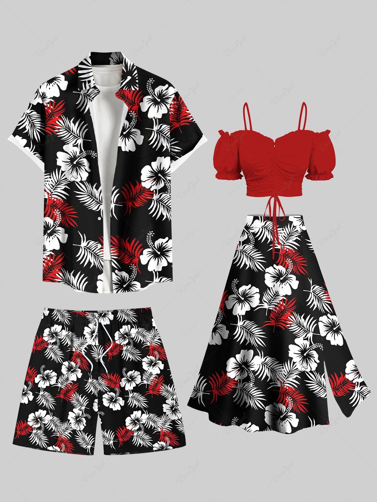Fashion Two Tone Tropical Leaf Hibiscus Flower Print Plus Size Matching Hawaii Beach Outfit For Couples  