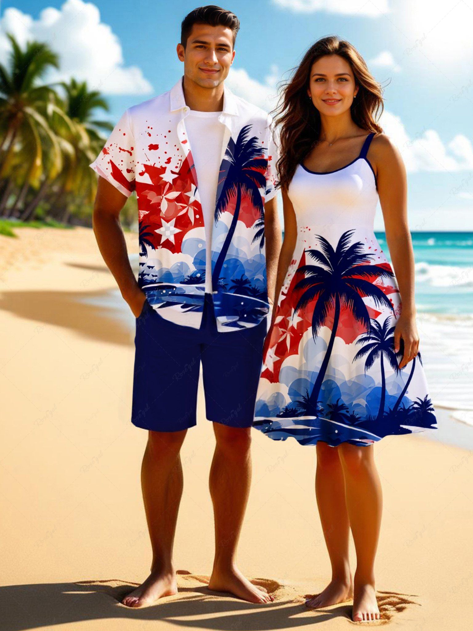 Outfits Patriotic American Flag Paint Splatter Coconut Tree Print Plus Size Matching Outfit For Couples  