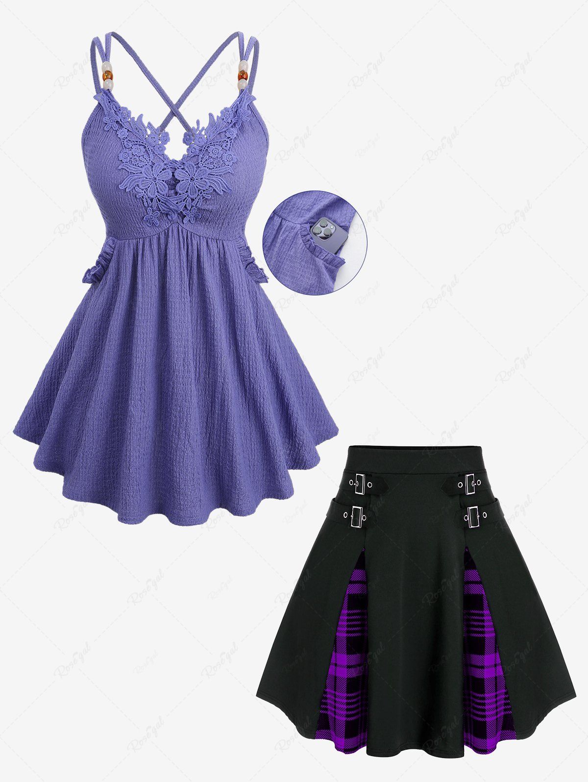 Trendy Flower Applique Textured Pocket Crisscross Top and Plaid Buckles High Waisted Mini Skirt Plus Size Outfit  