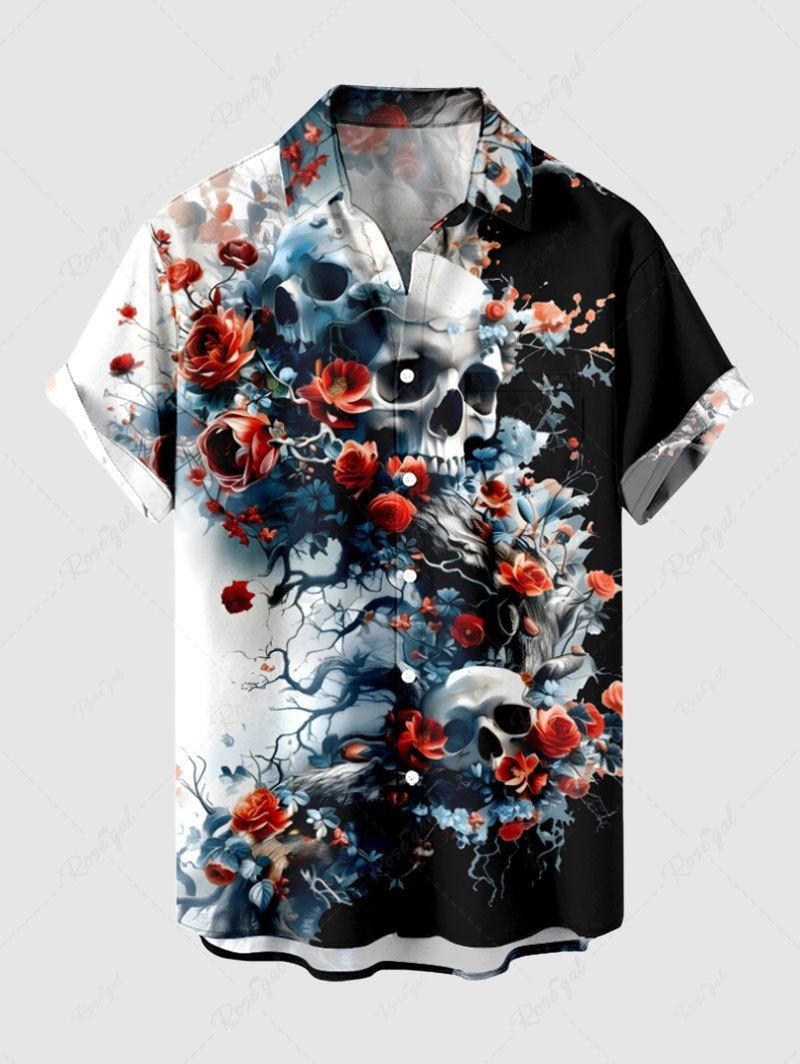 Discount Plus Size Skulls Rose Flower Print Buttons Pocket Hawaii Shirt For Men  