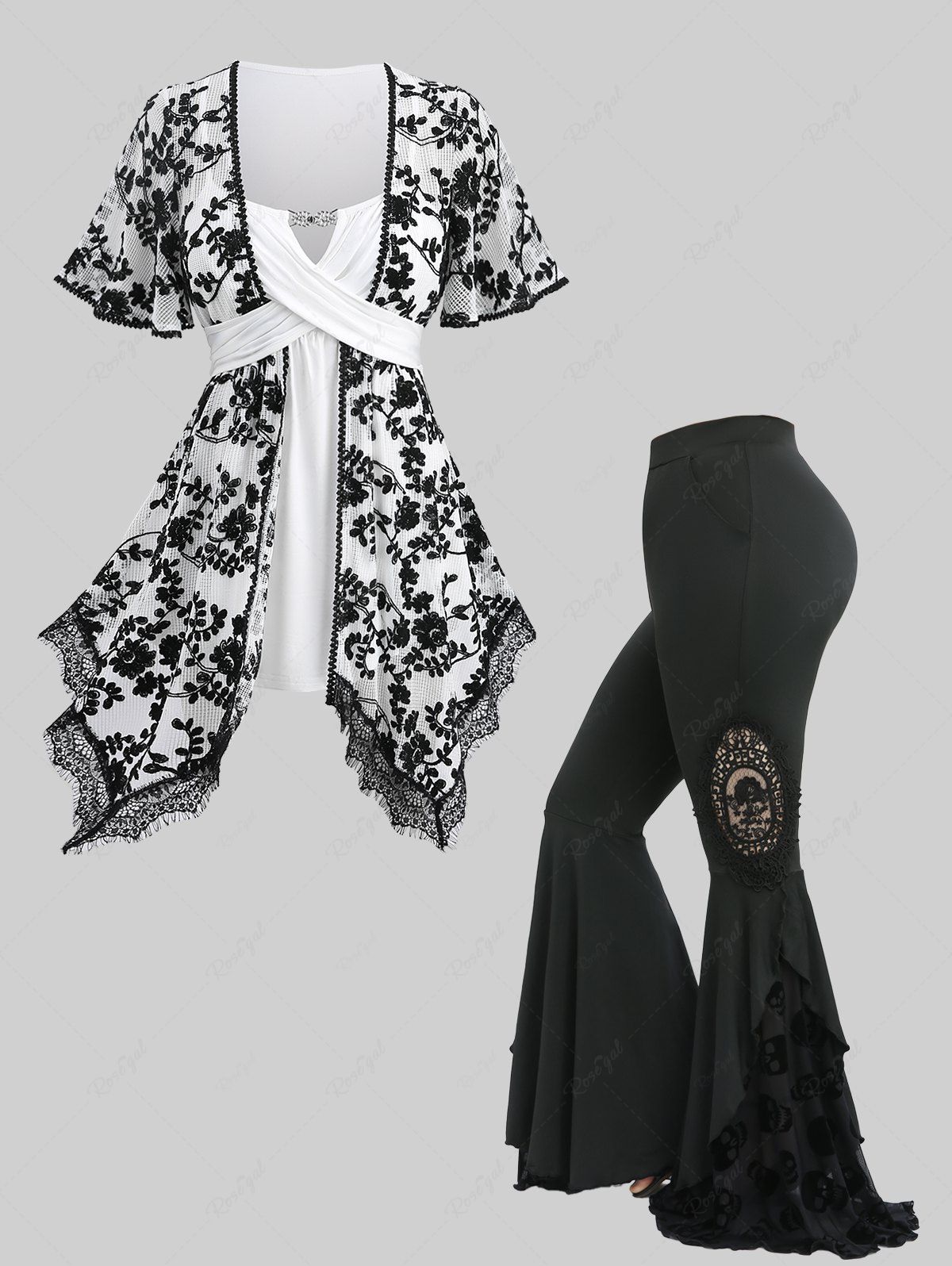 Shop Flowers Embroidery Tassel Lace Trim Top and Skull Flocking Appliques Flare Pants Plus Size Outfit  
