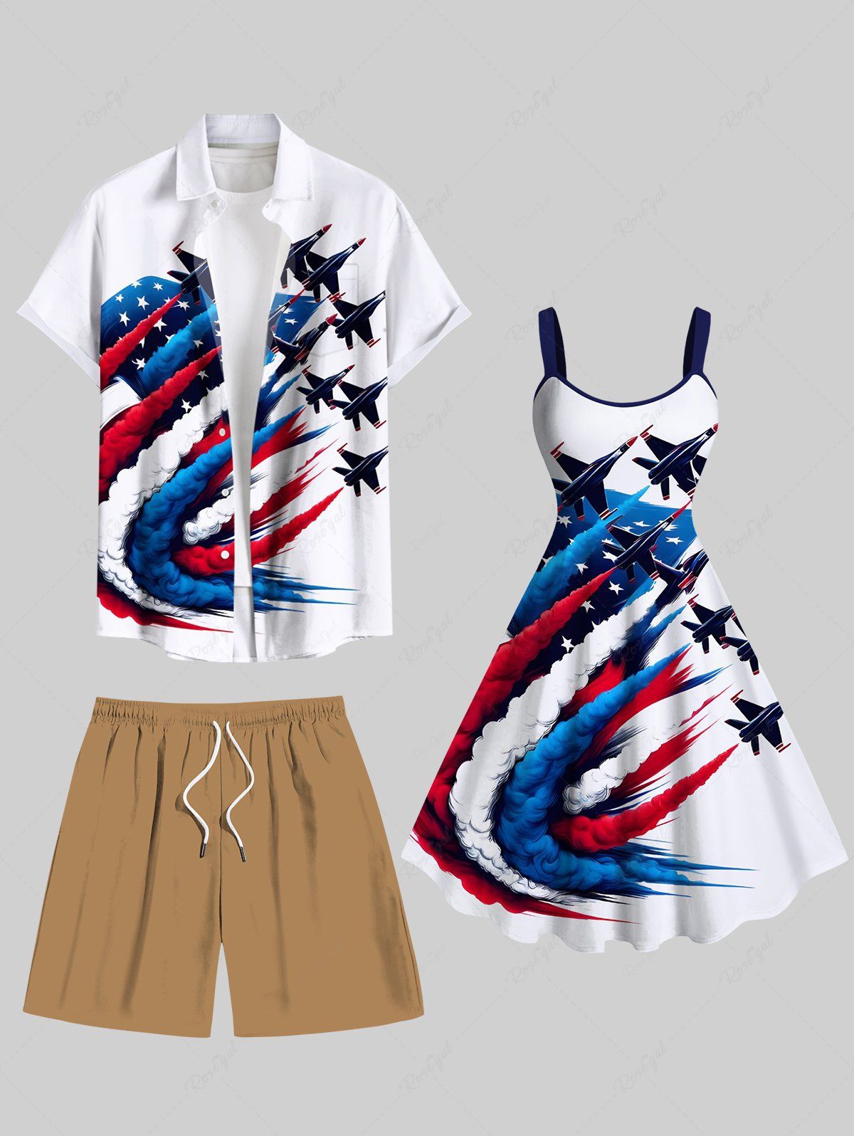 Latest Patriotic American Flag Plane Print Plus Size Matching Outfit For Couples  
