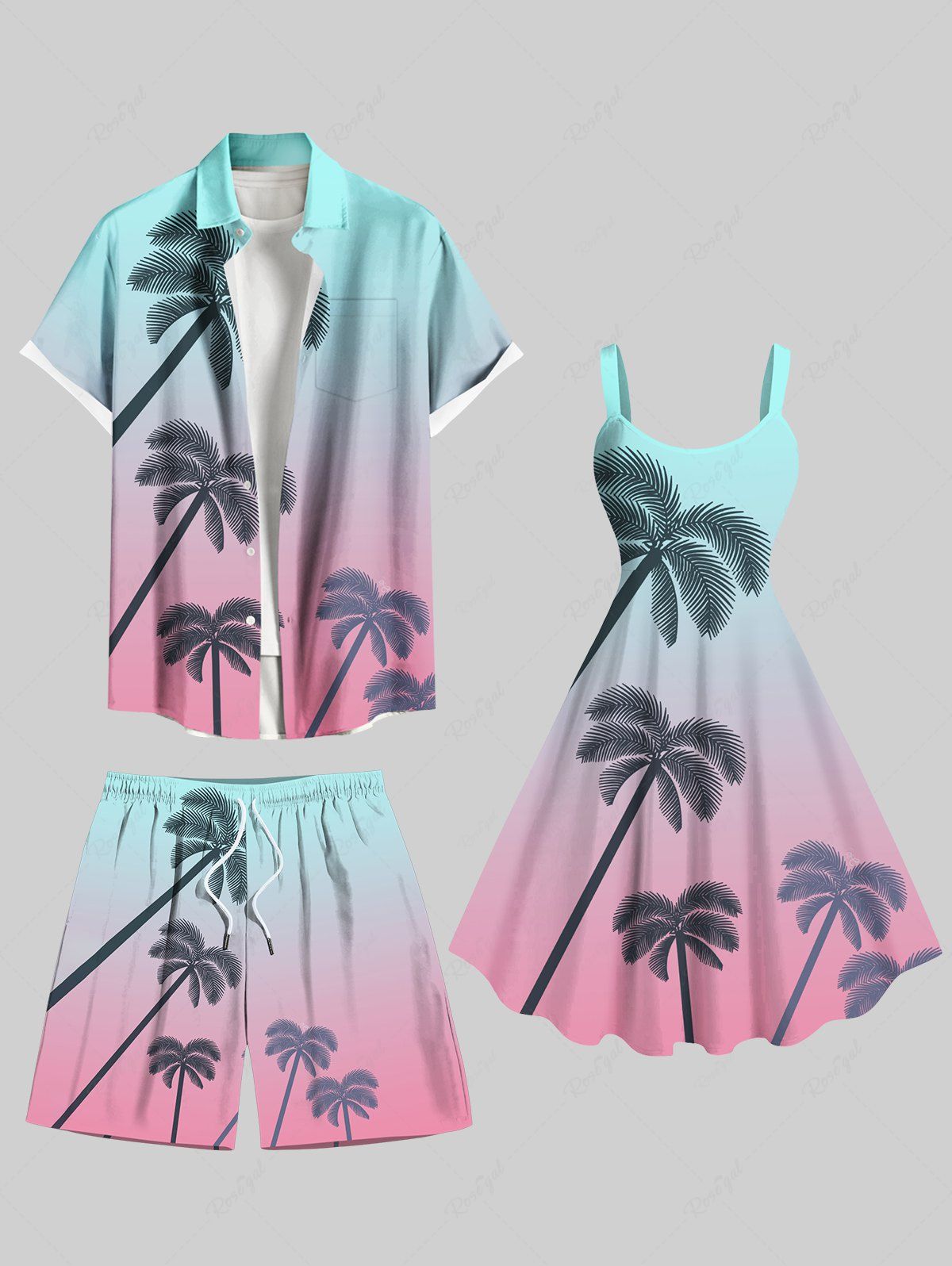Chic Coconut Tree Ombre Colorblock Print Plus Size Matching Hawaii Beach Outfit For Couples  