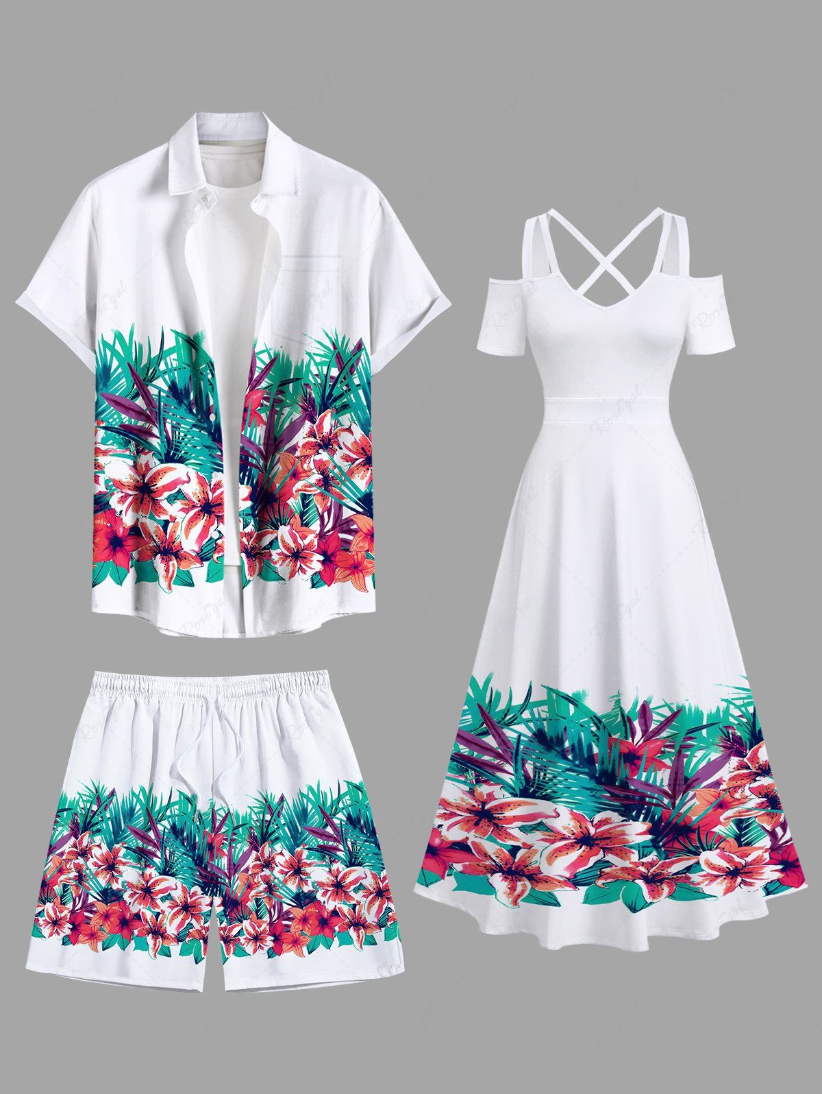 Tenue de plage hawaïenne assortie grande taille à imprimé feuilles tropicales et fleurs pour couples Blanc 