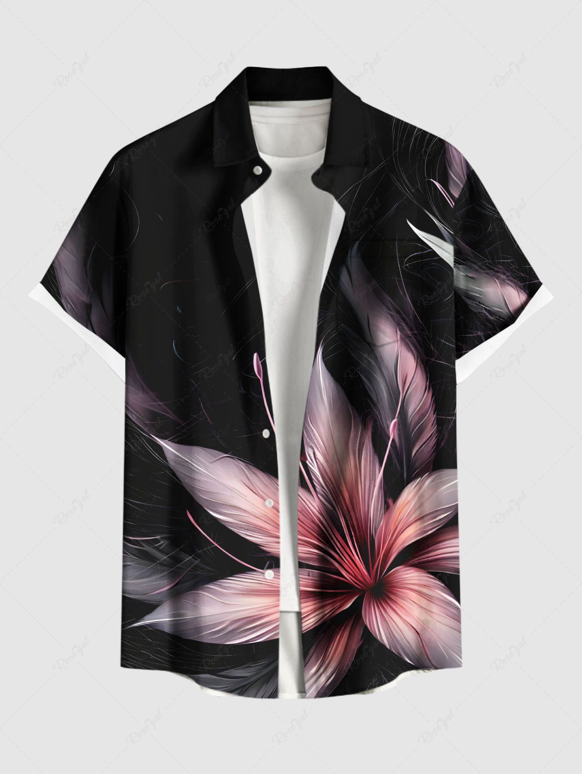 Trendy Plus Size Hibiscus Flower Tropical Print Buttons Pocket Hawaii Shirt For Men  