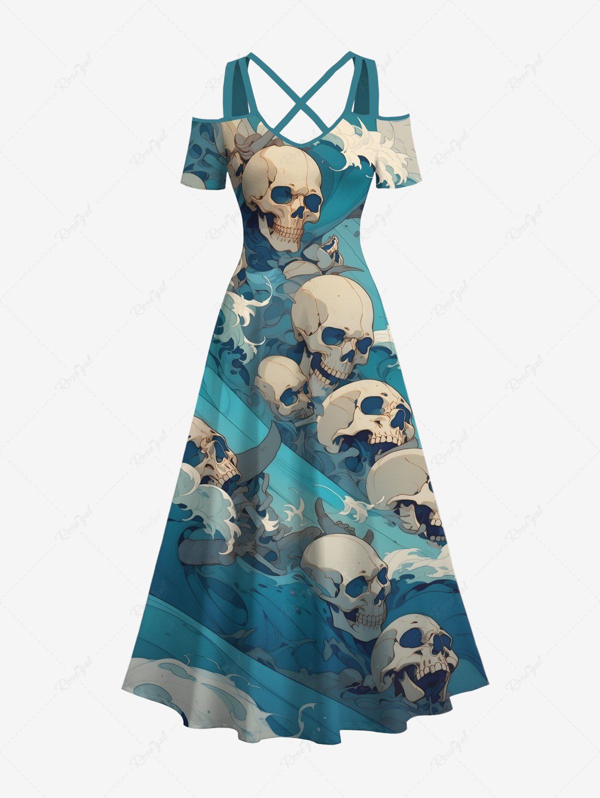 Robe longue hawaïenne grande taille à imprimé tête de mort et vagues, épaules dénudées et croisée Vert XXS