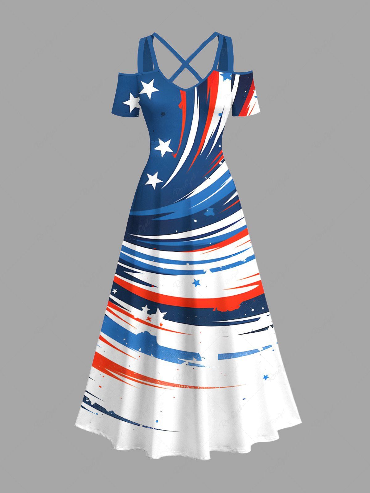 Shop Plus Size Patriotic American Flag Paint Splatter Print Cold Shoulder Crisscross Maxi Dress  