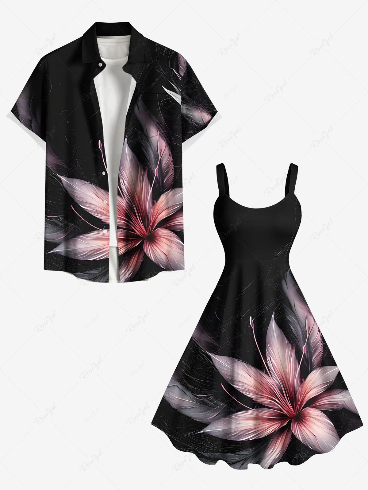 Tenue de plage hawaïenne assortie grande taille à imprimé tropical et fleurs d'hibiscus pour couples Noir 