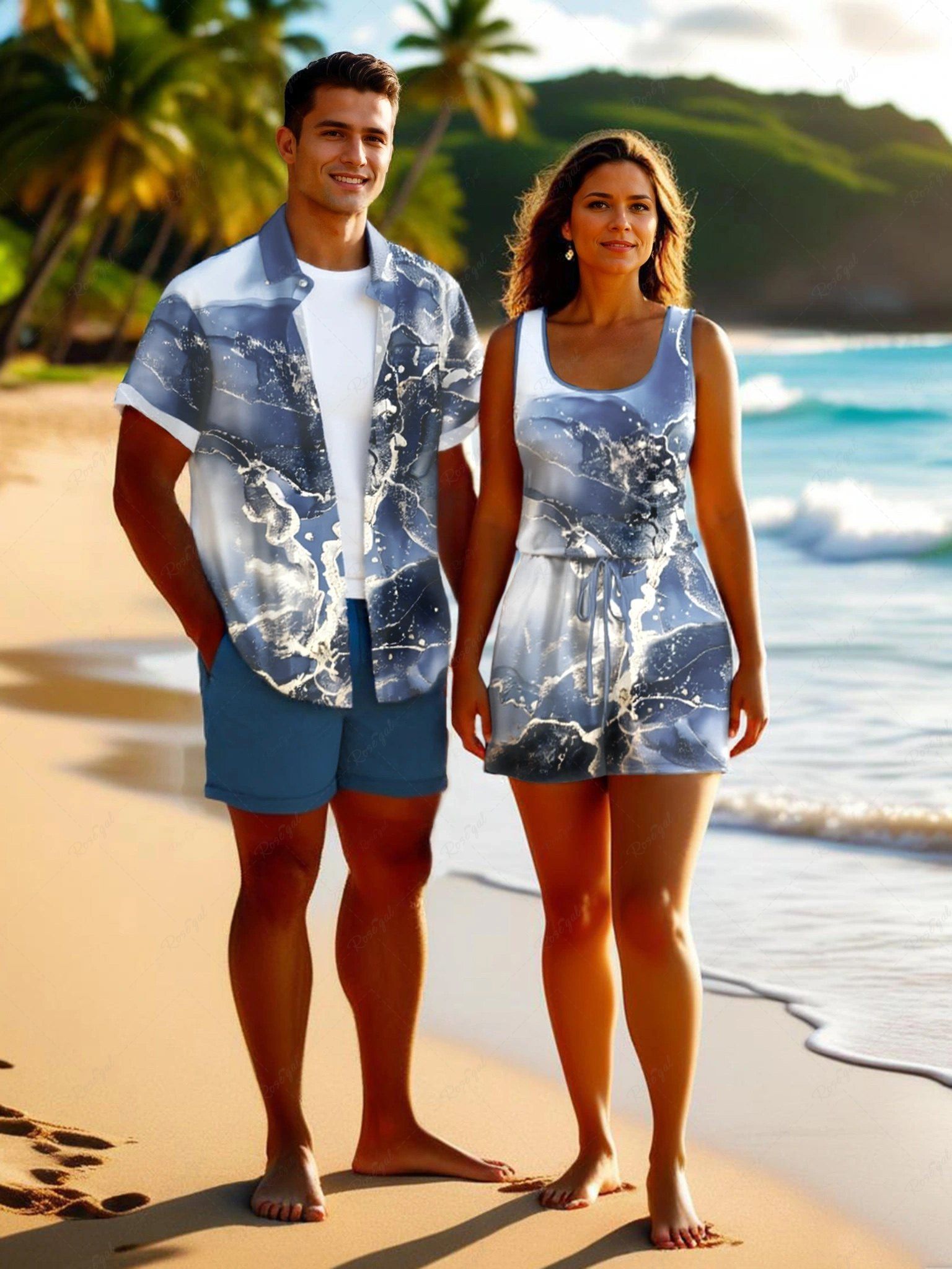 Online Matching Hawaii Shirt and Romper Plus Size Beach Outfit Satellite Map Galaxy Printed for Couples  