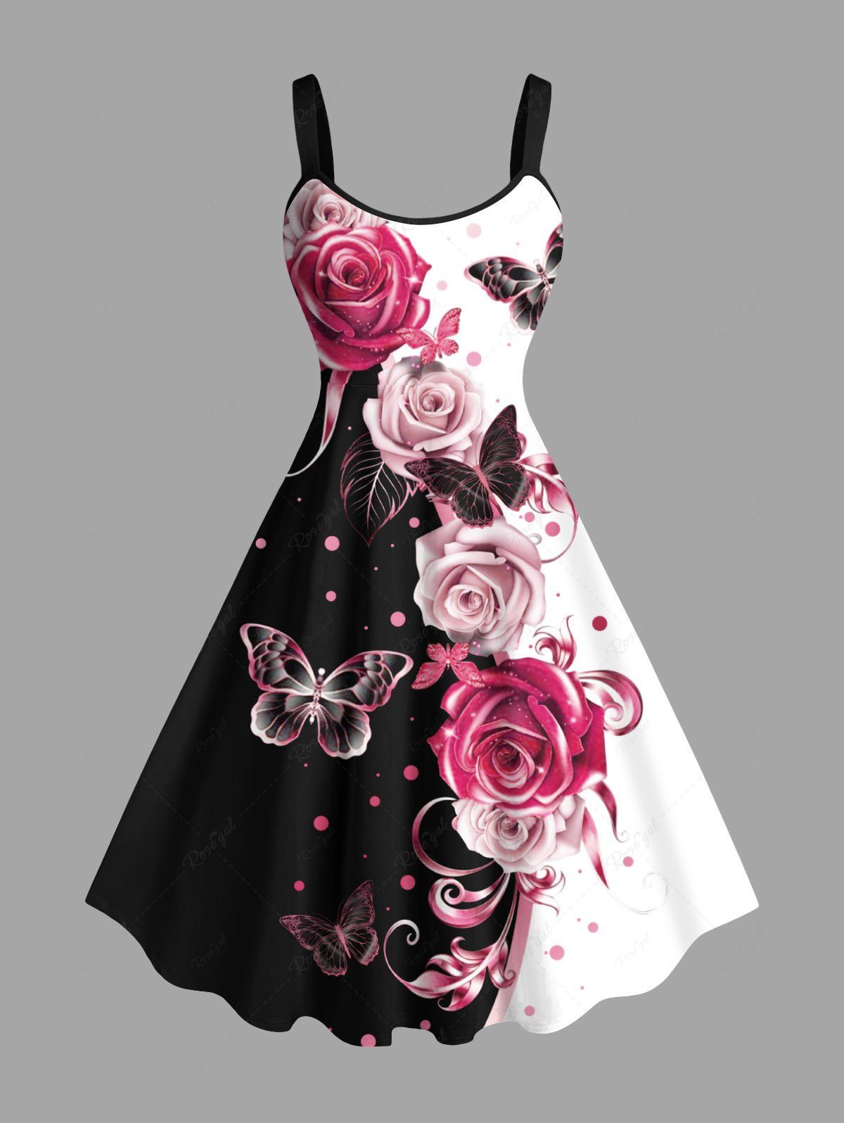 Latest Plus Size Rose Flower Butterfly Curve Pin Dot Print Hawaii A Line Tank Dress  
