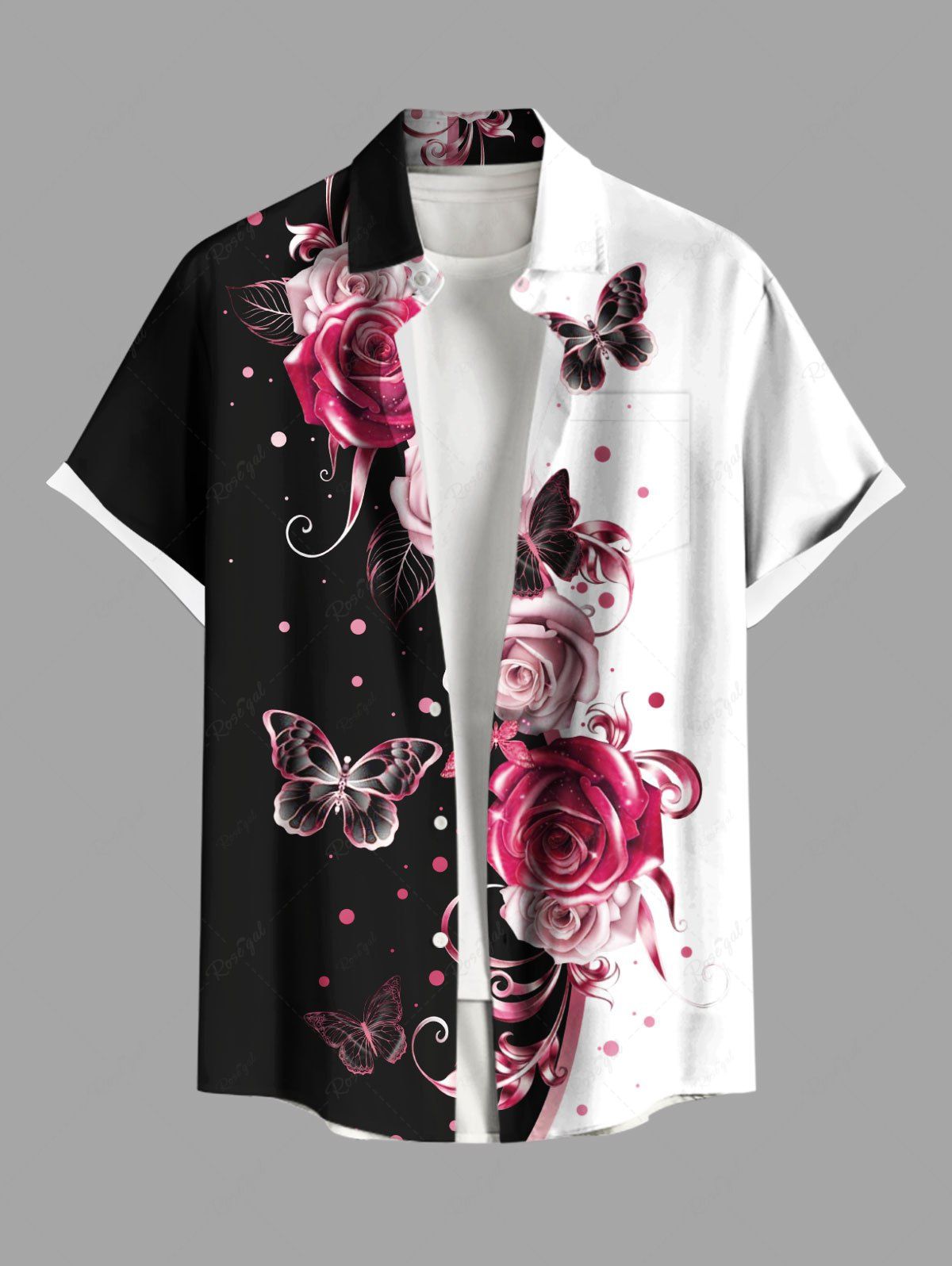 Chemise hawaïenne grande taille à imprimé floral, papillon et rose, avec poches et boutons, pour homme Noir 3XL
