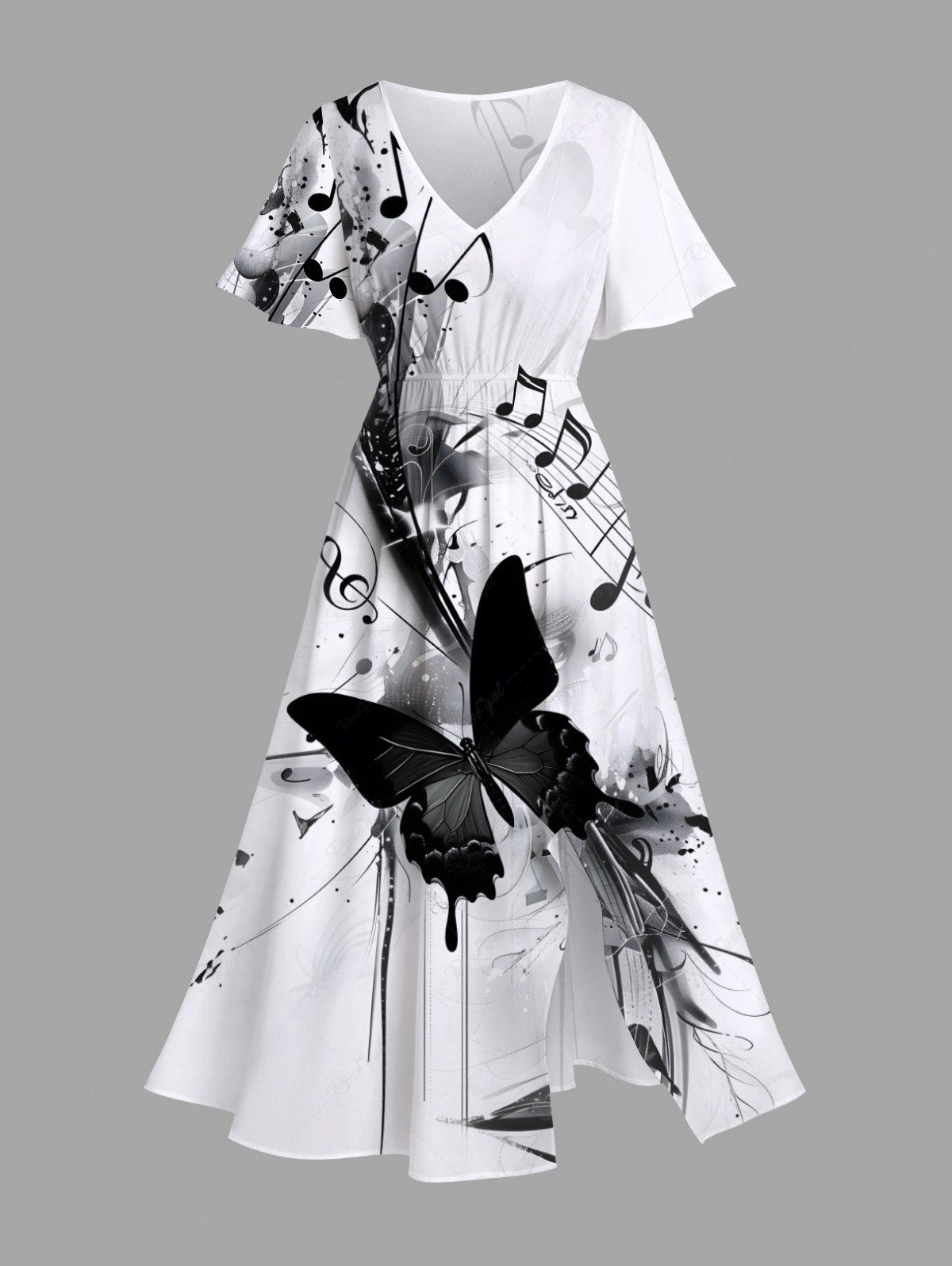 Robe mi-longue trapèze grande taille à imprimé papillon et symbole musical avec poches fendues Blanc 6X