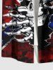 Plus Size Tie Dye Ombre Skull Ripped Patriotic American Flag Print Button Pocket Shirt For Men -  
