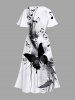 Plus Size Ink Painting Butterfly Music Symbol Print Split Pocket A Line Midi Dress -  