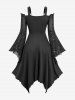 Galaxy Silver Print Lace Up Panel Ruffles Flare Sleeves Asymmetrical Cold Shoulder Dress -  