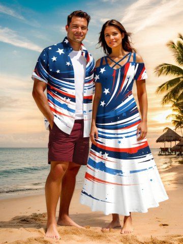 Patriotic American Flag Paint Splatter Print Plus Size Matching Outfit For Couples - WHITE