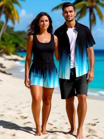 Matching Hawaii Shirt and Romper Plus Size Beach Outfit Ombre Colorblock Light Beam 3D Printed for Couples - BLACK
