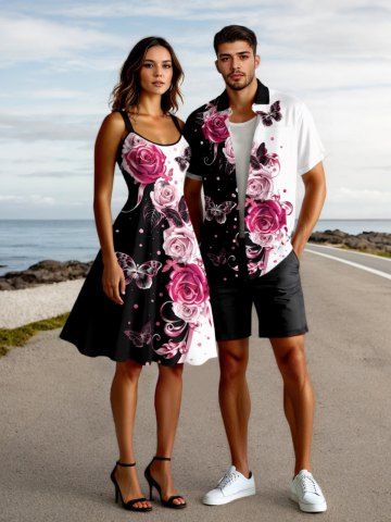 Rose Flower Butterfly Curve Pin Dot Print Plus Size Matching Hawaii Beach Outfit For Couples - BLACK