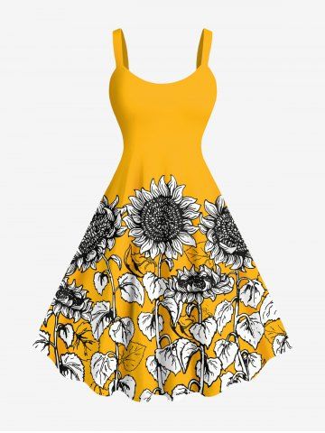 Plus Size Sunflowers Leaf Print Hawaii Tank Dress - ORANGE - XS