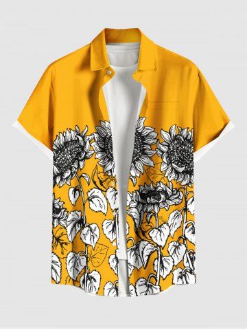 Plus Size Sunflowers Leaf Print Buttons Pocket Hawaii Shirt For Men - ORANGE - 6XL