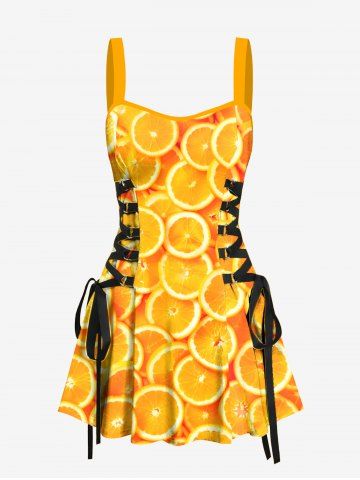 Orange Print Lace Up Hawaii Tank Dress - ORANGE - XXXL