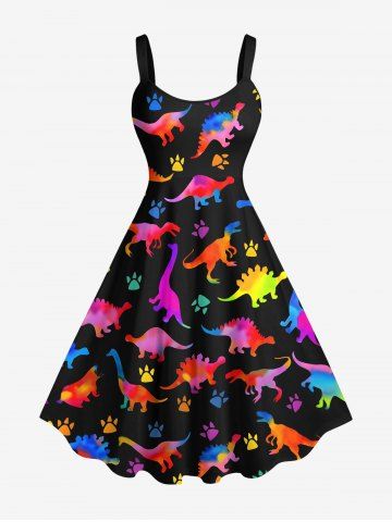 Plus Size Colorful Dinosaur Foot Print Hawaii Tank Dress - BLACK - 4X
