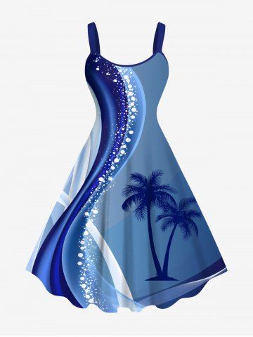 Plus Size Coconut Tree Curve Colorblock Print Hawaii Tank Dress
