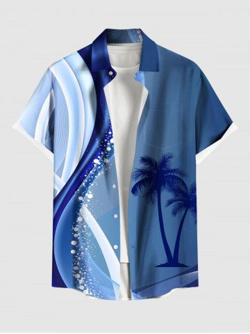 Plus Size Coconut Tree Curve Colorblock Print Buttons Pocket Hawaii Shirt For Men